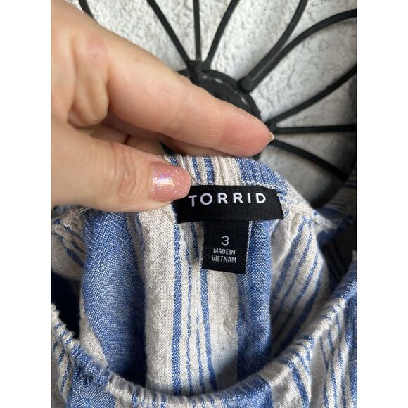 Torrid Linen Blend Smocked Shoulder Crop Top - Size 3X - Blue/Cream - Picture 7 of 9